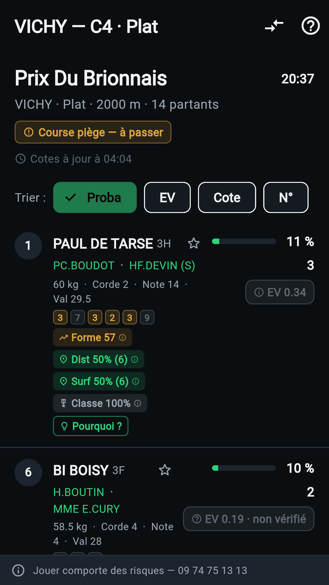 Détail d'une course et probabilités par cheval